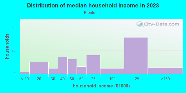 Household income distribution in 2013 in Brentmoor in Fort Worth neighborhood in TX