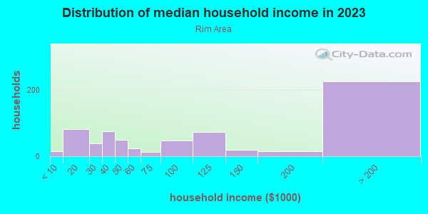 Household income distribution in 2013 in Rim Area in El Paso neighborhood in TX