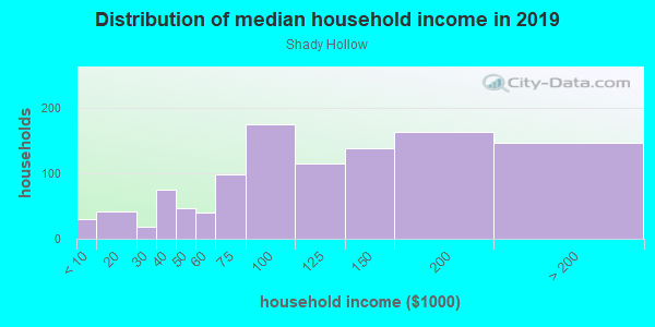 Household income distribution in 2013 in Shady Hollow in Austin neighborhood in TX