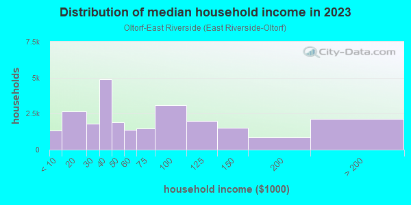 Household income distribution in 2013 in Oltorf-East Riverside in Austin neighborhood in TX