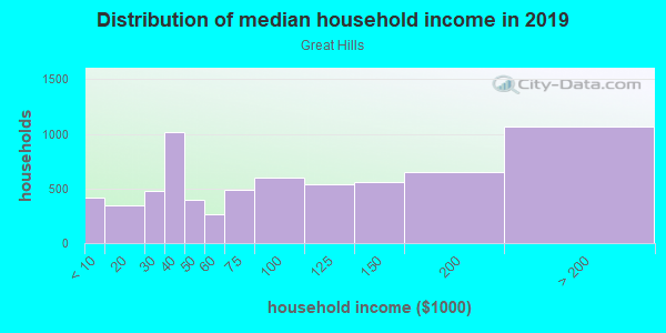 Household income distribution in 2013 in Great Hills in Austin neighborhood in TX