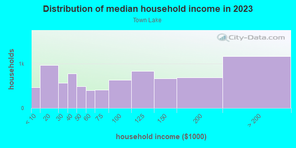 Household income distribution in 2013 in Town Lake in Austin neighborhood in TX