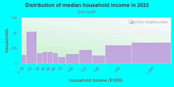 Household income distribution in 2013 in East Austin in Austin neighborhood in TX