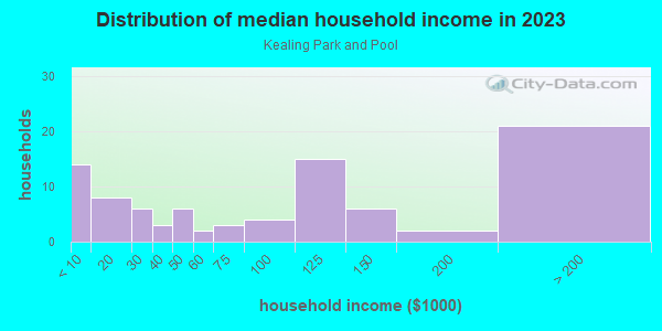 Household income distribution in 2013 in Kealing Park and Pool in Austin neighborhood in TX