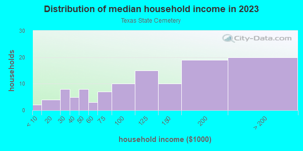 Household income distribution in 2013 in Texas State Cemetery in Austin neighborhood in TX