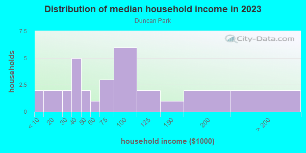 Household income distribution in 2013 in Duncan Park in Austin neighborhood in TX