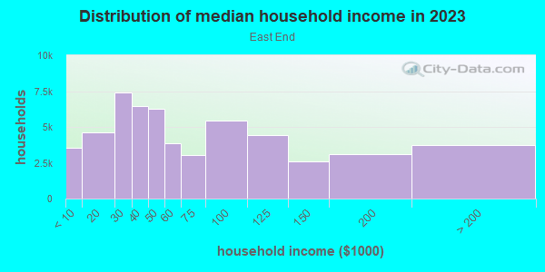 Household income distribution in 2013 in East End in Austin neighborhood in TX