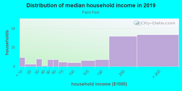 Household income distribution in 2013 in Palm Park in Austin neighborhood in TX
