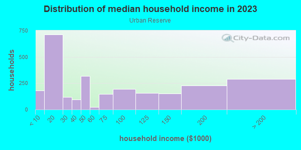 Household income distribution in 2013 in Urban Reserve in Dallas neighborhood in TX