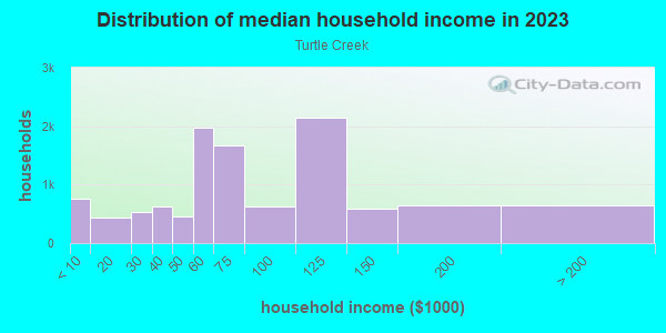 Household income distribution in 2013 in Turtle Creek in Dallas neighborhood in TX
