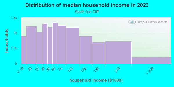 Household income distribution in 2013 in South Oak Cliff in Dallas neighborhood in TX