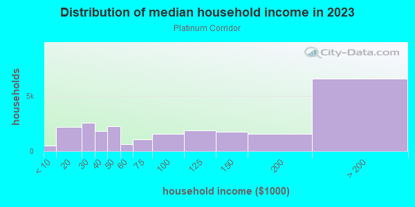 Household income distribution in 2013 in Platinum Corridor in Dallas neighborhood in TX