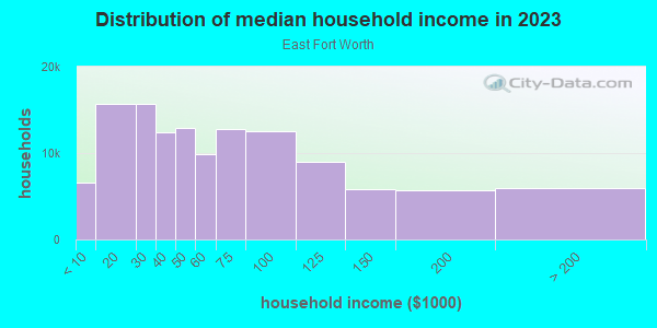 Household income distribution in 2013 in East Fort Worth in Fort Worth neighborhood in TX