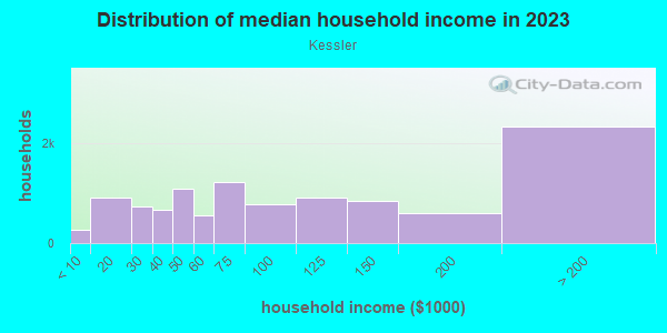 Household income distribution in 2013 in Kessler in Dallas neighborhood in TX
