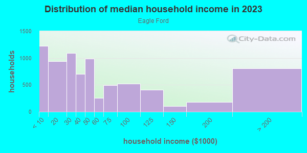 Household income distribution in 2013 in Eagle Ford in Dallas neighborhood in TX