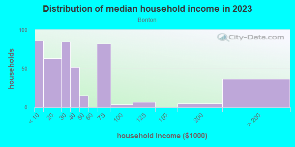 Household income distribution in 2013 in Bonton in Dallas neighborhood in TX
