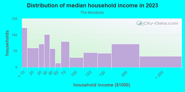 Household income distribution in 2013 in The Meadows in Charlottesville neighborhood in VA