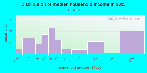 Household income distribution in 2013 in Barberton in Norfolk neighborhood in VA