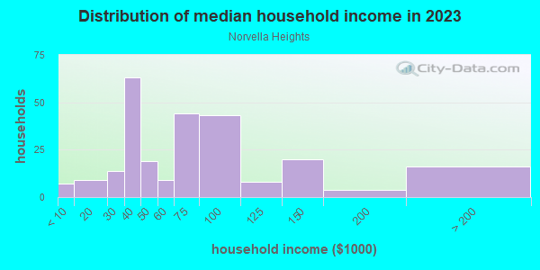 Household income distribution in 2013 in Norvella Heights in Norfolk neighborhood in VA