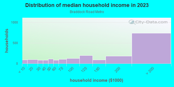Household income distribution in 2013 in Braddock Road Metro in Alexandria neighborhood in VA