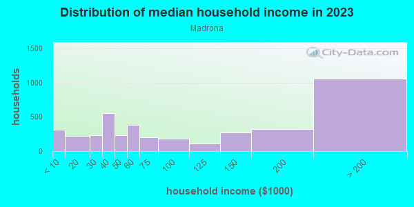 Household income distribution in 2013 in Madrona in Seattle neighborhood in WA