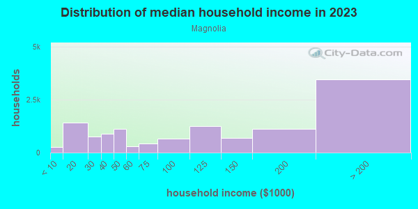 Household income distribution in 2013 in Magnolia in Seattle neighborhood in WA