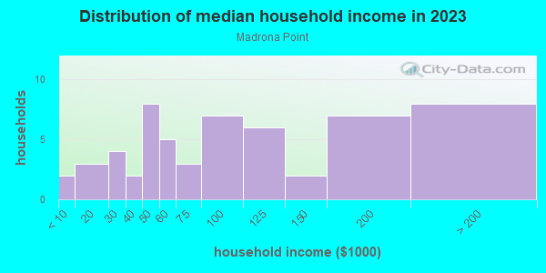 Household income distribution in 2013 in Madrona Point in Bremerton neighborhood in WA