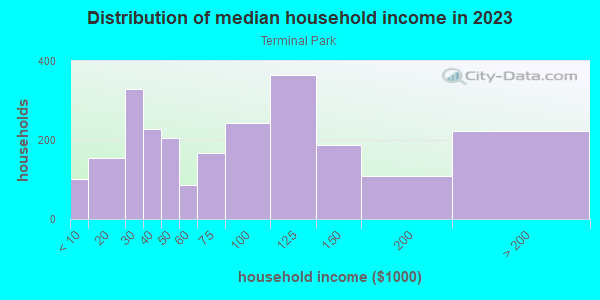 Household income distribution in 2013 in Terminal Park in Auburn neighborhood in WA
