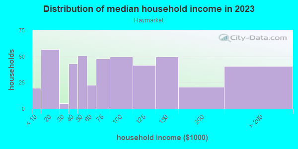 Household income distribution in 2013 in Haymarket in Milwaukee neighborhood in WI