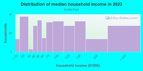 Household income distribution in 2013 in Schlitz Park in Milwaukee neighborhood in WI