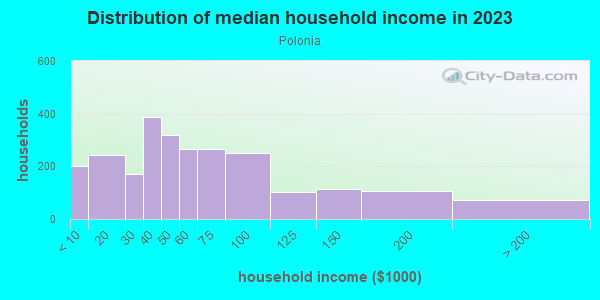 Household income distribution in 2013 in Polonia in Milwaukee neighborhood in WI