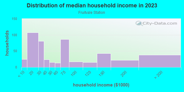 Household income distribution in 2013 in Fruitvale Station in Oakland neighborhood in CA
