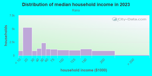 Household income distribution in 2013 in Rana in San Bernardino neighborhood in CA