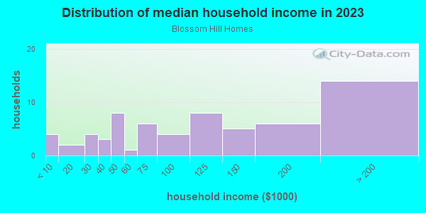 Household income distribution in 2013 in Blossom Hill Homes in San Jose neighborhood in CA