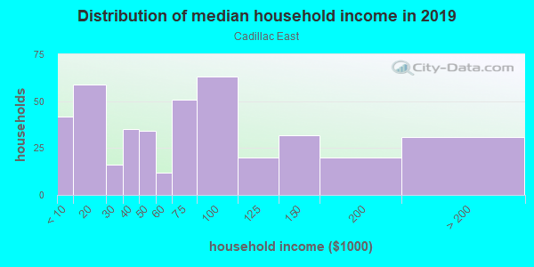 Household income distribution in 2013 in Cadillac East in San Jose neighborhood in CA