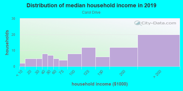 Household income distribution in 2013 in Carol Drive in San Jose neighborhood in CA