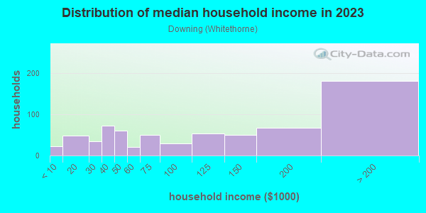 Household income distribution in 2013 in Downing in San Jose neighborhood in CA