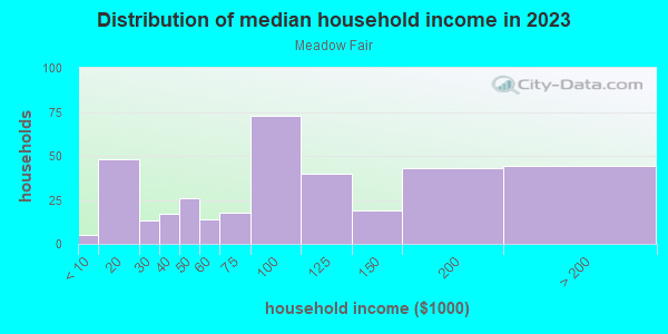 Household income distribution in 2013 in Meadow Fair in San Jose neighborhood in CA