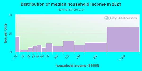 Household income distribution in 2013 in Newhall in San Jose neighborhood in CA