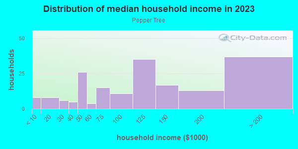 Household income distribution in 2013 in Pepper Tree in San Jose neighborhood in CA