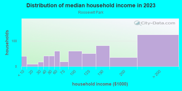 Household income distribution in 2013 in Roosevelt Park in San Jose neighborhood in CA