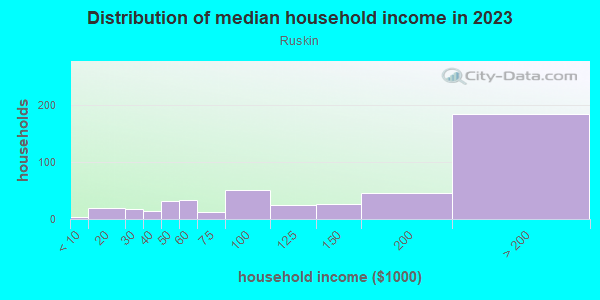 Household income distribution in 2013 in Ruskin in San Jose neighborhood in CA