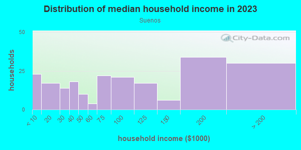 Household income distribution in 2013 in Suenos in San Jose neighborhood in CA