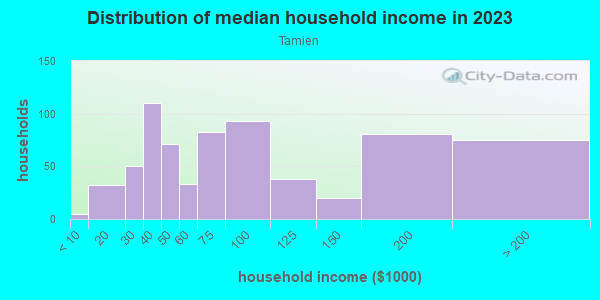 Household income distribution in 2013 in Tamien in San Jose neighborhood in CA