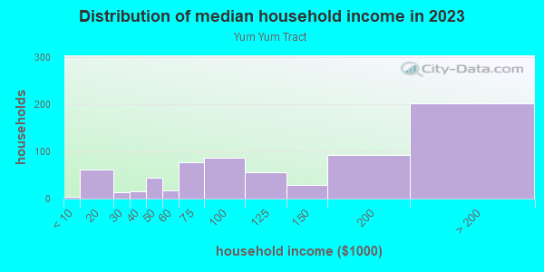 Household income distribution in 2013 in Yum Yum Tract in San Jose neighborhood in CA