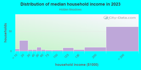 Household income distribution in 2013 in Hidden Meadows in Camarillo neighborhood in CA