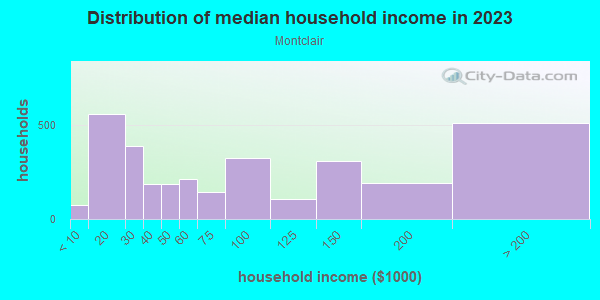 Household income distribution in 2013 in Montclair in Denver neighborhood in CO