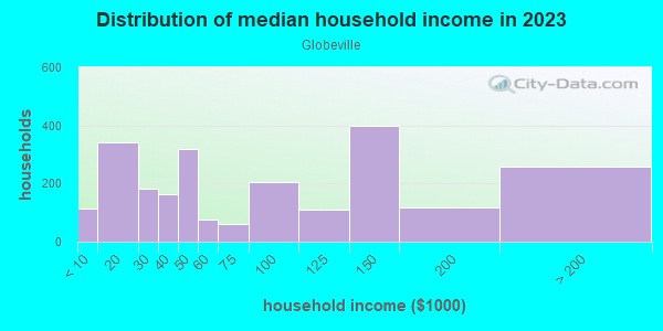 Household income distribution in 2013 in Globeville in Denver neighborhood in CO