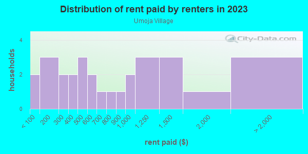 Rent paid by renters in 2013 in Umoja Village in Miami neighborhood in FL
