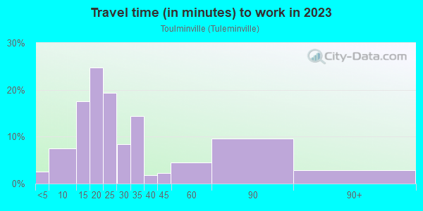 Commute time to work in Toulminville in Mobile neighborhood in AL